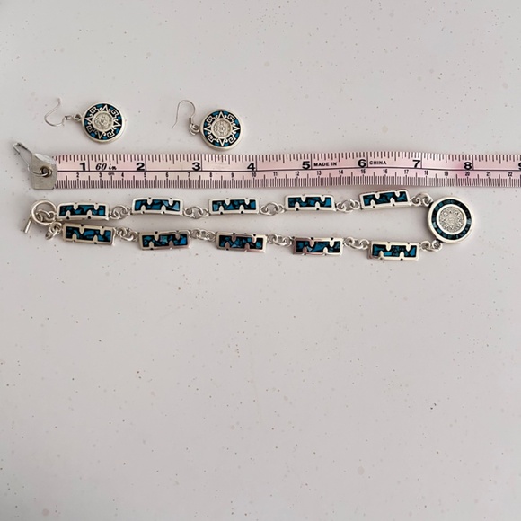 Sterling Silver 925 Aztec Mayan Turquoise Necklace And Earrings Set - Picture 10 of 10